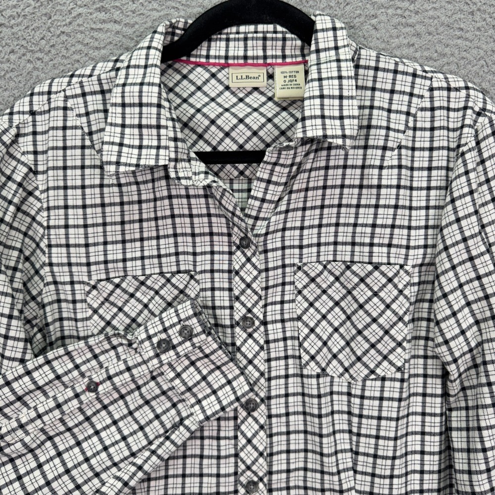 LL Bean Shirt Womens M Black White Plaid Button Up Country Ranch Outdoor Cowgirl